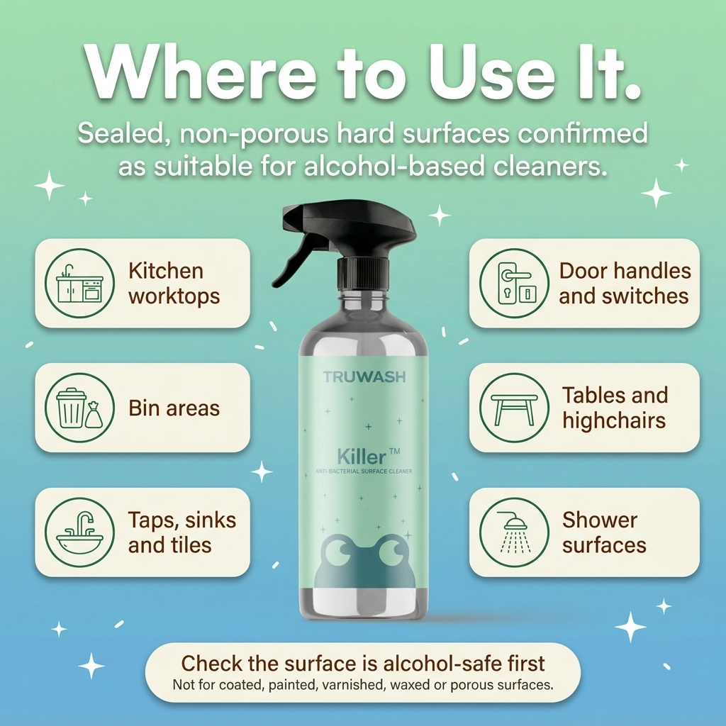 Where to use Killer - kitchen worktops, bin areas, taps, sinks and tiles, door handles and switches, tables and highchairs, shower surfaces. Sealed non-porous surfaces only.
