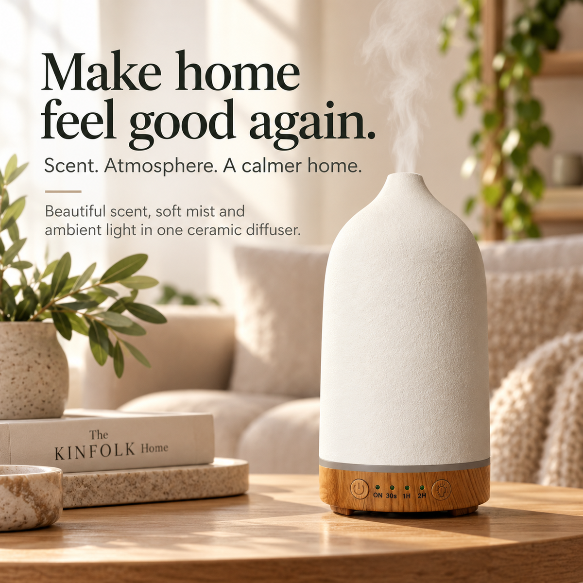 TruMist ceramic essential oil diffuser with the headline Make home feel good again