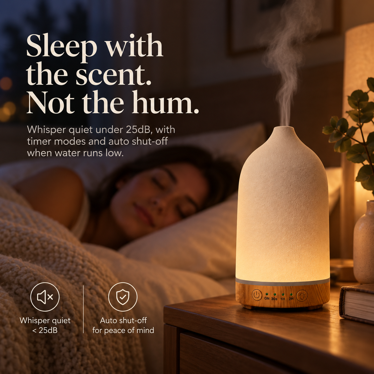 TruMist diffuser on a bedside table with quiet operation and automatic shut-off information