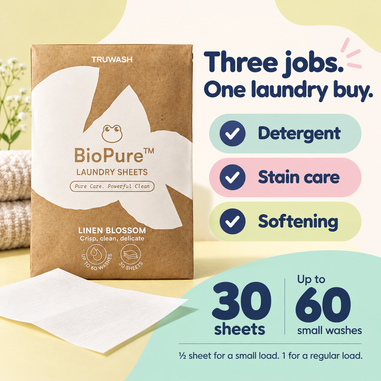 Detergent, stain care and softening in one sheet
