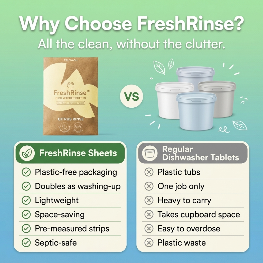 FreshRinse sheets compared with regular dishwasher tablets - plastic-free packaging, doubles as washing-up, lightweight and space-saving versus plastic tubs and plastic waste.