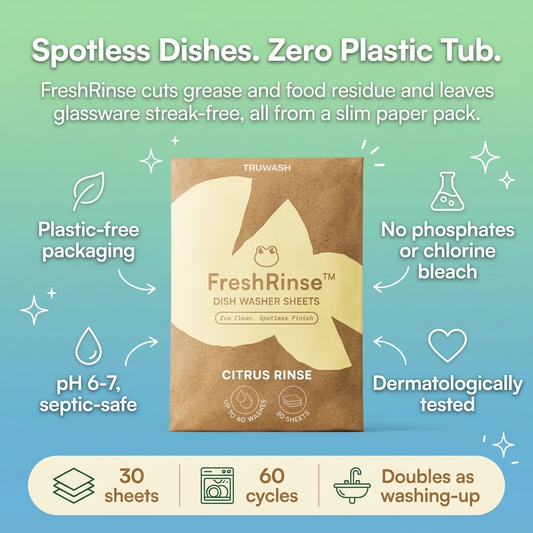 FreshRinse dishwasher sheets - spotless dishes, zero plastic tub. Plastic-free packaging, no phosphates or chlorine bleach, pH 6-7 septic-safe, dermatologically tested. 30 sheets, 60 cycles.