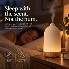 TruMist diffuser on a bedside table with quiet operation and automatic shut-off information