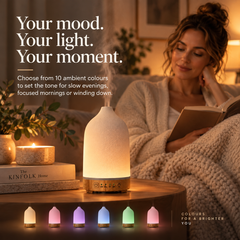 TruMist ambient lighting in a cosy reading scene with a selection of light colours