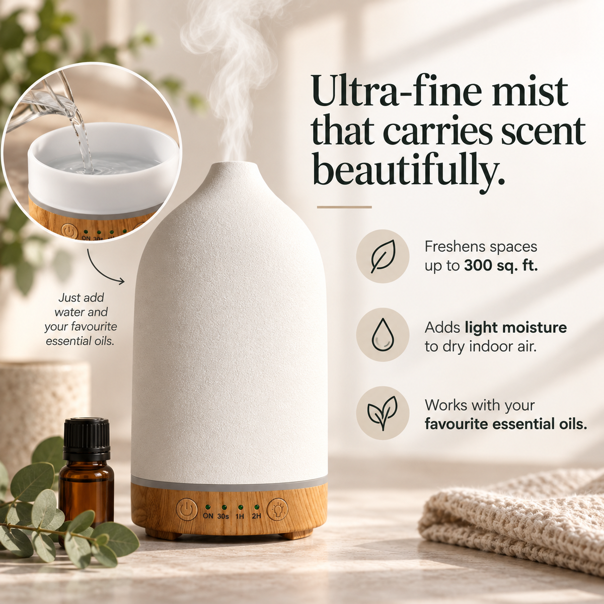 TruMist diffuser with ultra-fine mist, water filling detail and home fragrance information