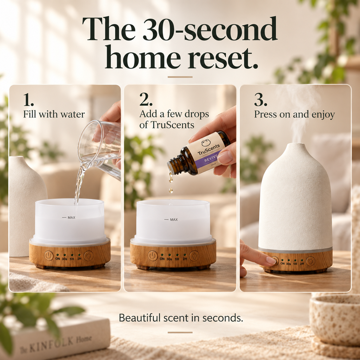 TruMist setup guide showing filling with water, adding essential oil and switching the diffuser on