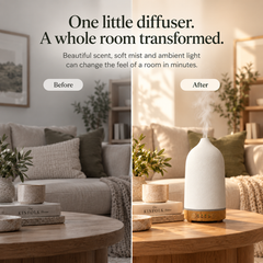 Illustrative before and after living room scene showing a change in atmosphere with TruMist