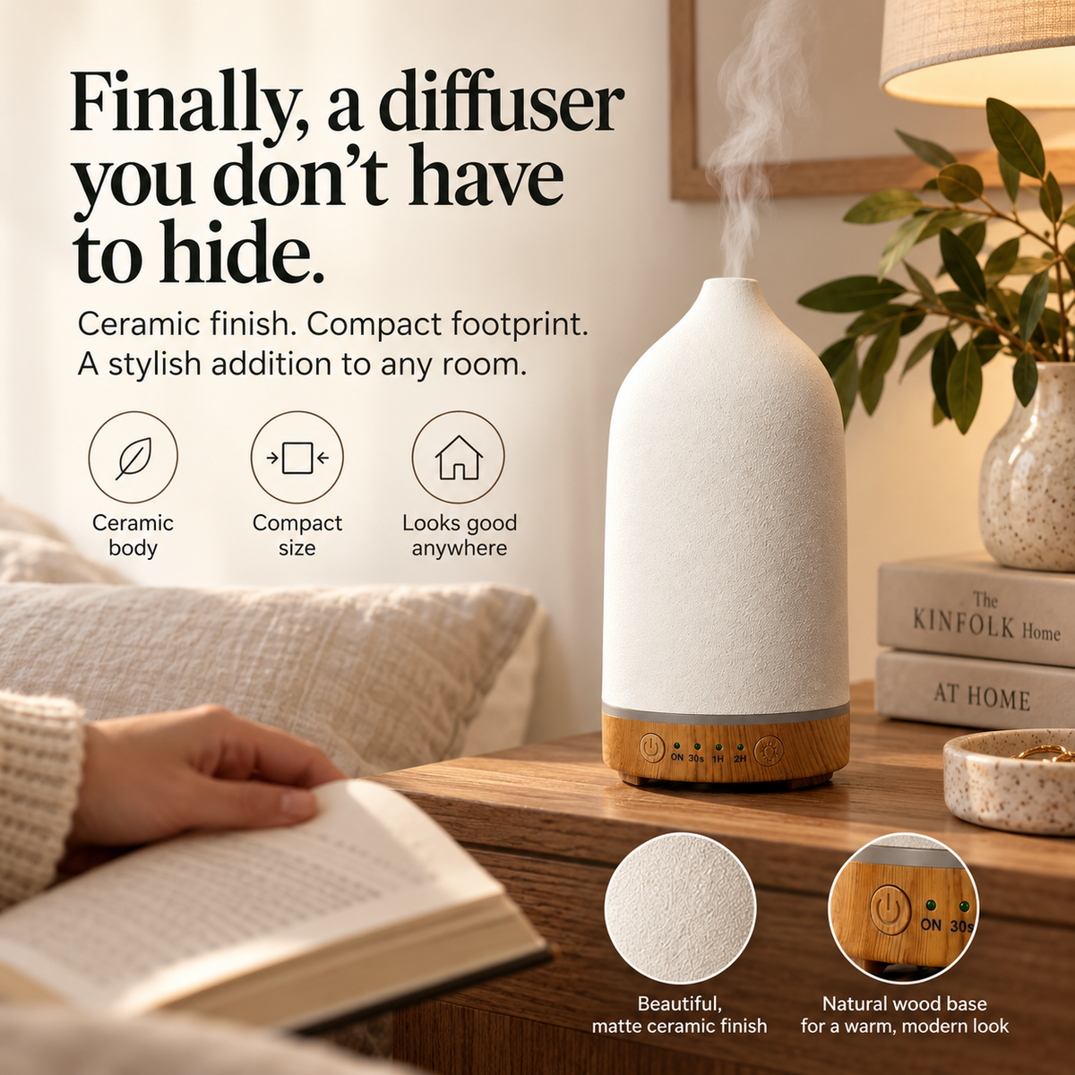 TruMist diffuser styled beside a reading chair with close-up details of its textured ceramic finish and wood-effect base
