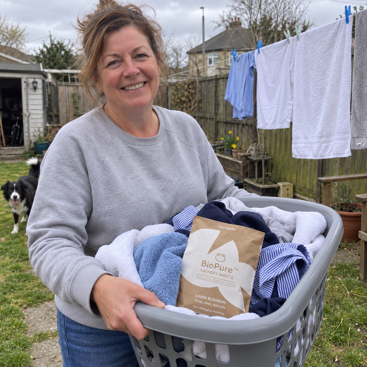 Phone-style garden photo of a woman carrying fresh laundry and a BioPure pack