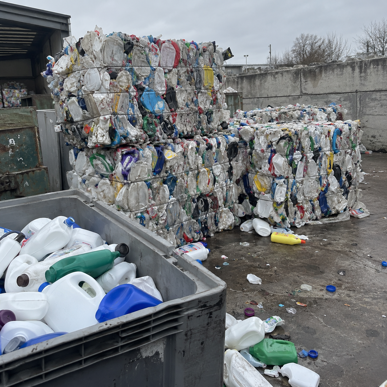 Casual phone-style image of used household plastic at a recycling yard