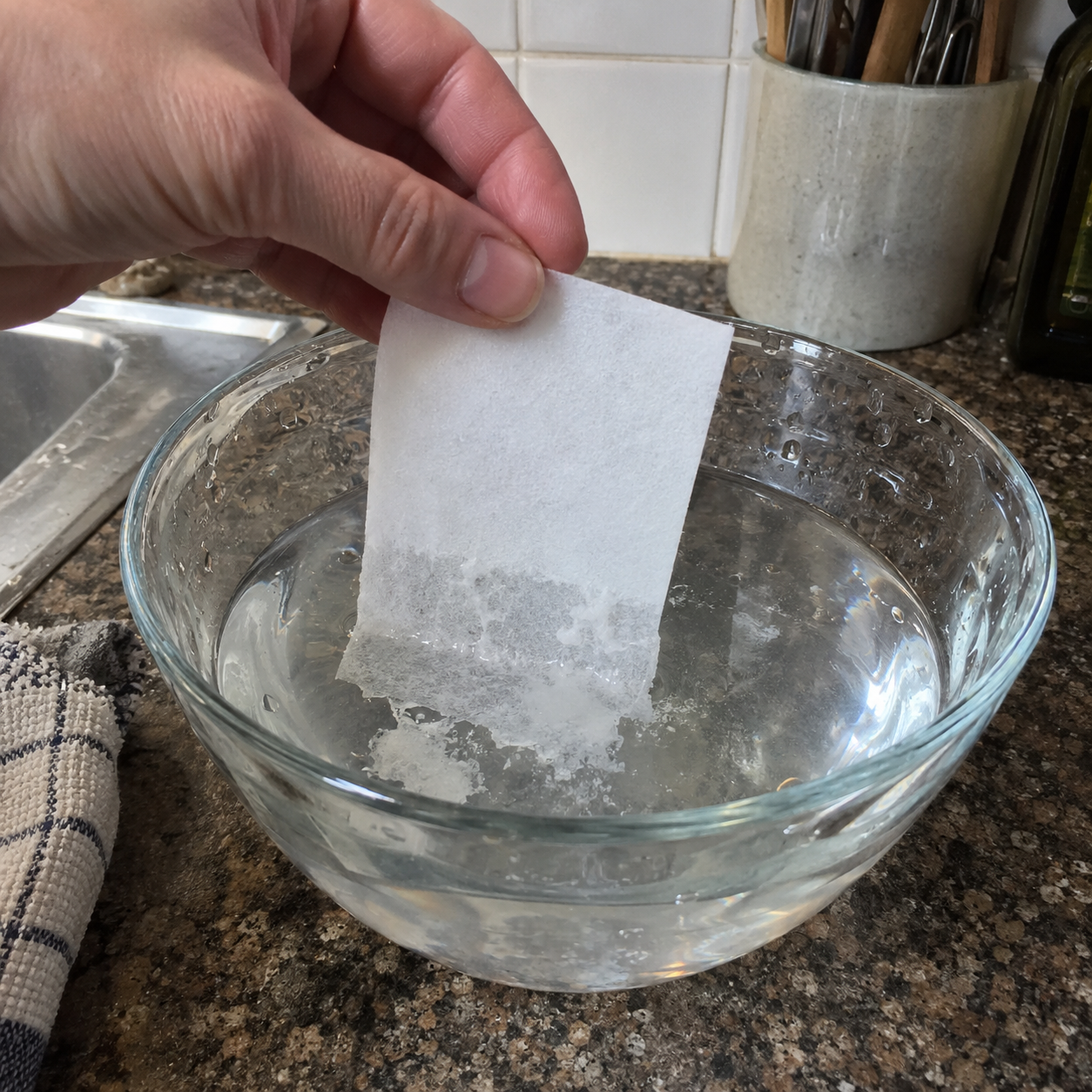 A hand demonstrating a thin laundry sheet dissolving in a bowl of water at home