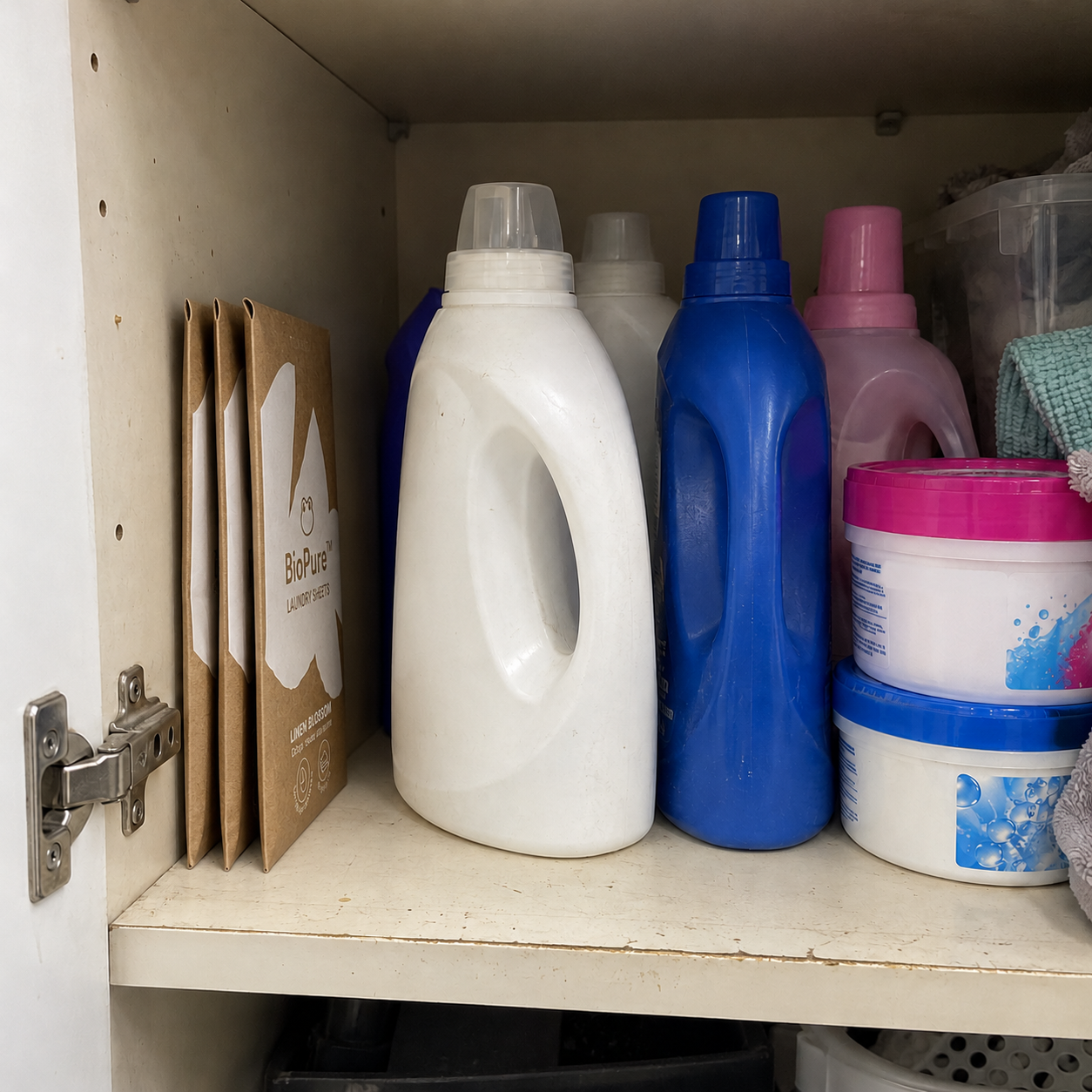 Phone-style cupboard photo with slim BioPure packs standing sideways beside bulky bottles